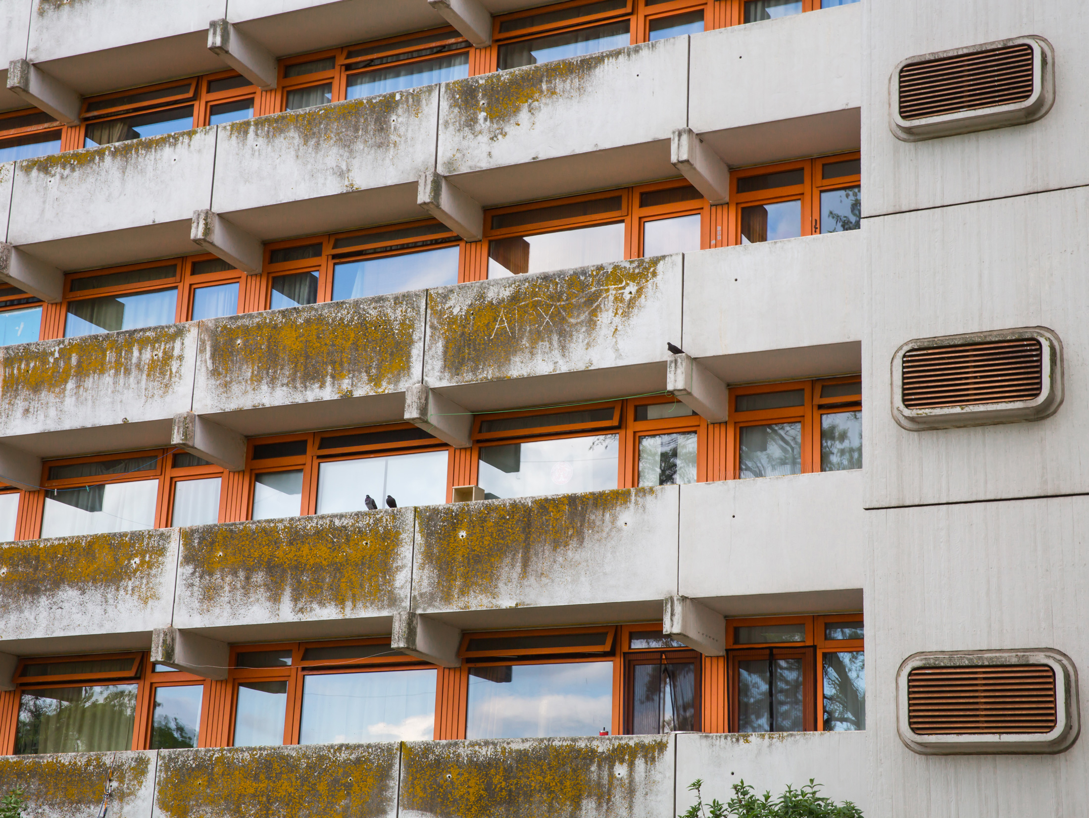 eine ungepflegte Häuserfassade mit Balkonen und orangenen Fensterrahmen